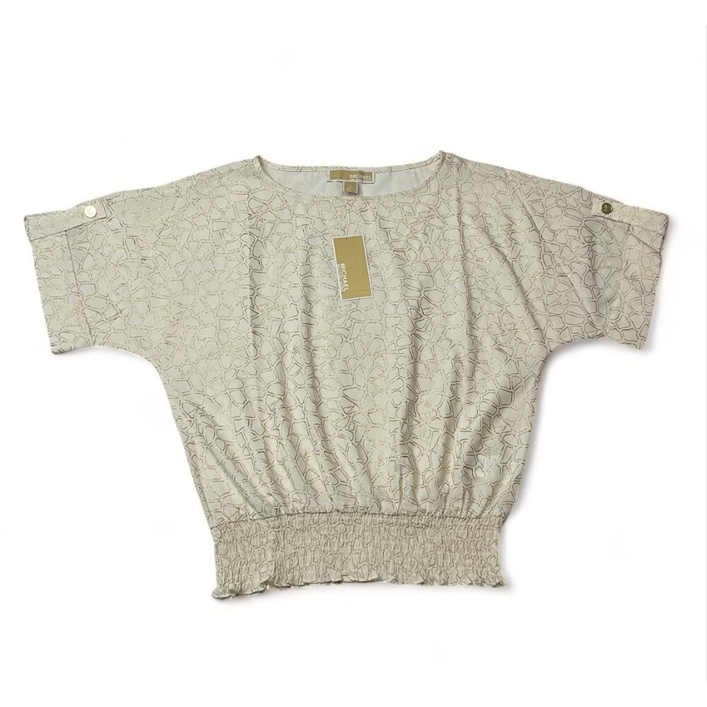 Michael Kors Womens Metallic Print Top With Ruched Hem & Button Detail, New - Picture 1 of 14
